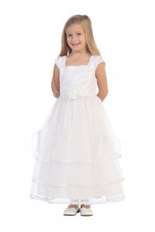 White Satin and Tulle Cap Sleeve Flower Girl Dress